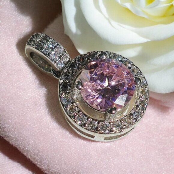 3ct Pink Moissanite ✦ Halo Pendant Necklace ✦ 925 Silver 14K Gold Overlay 18" - Picture 6 of 13